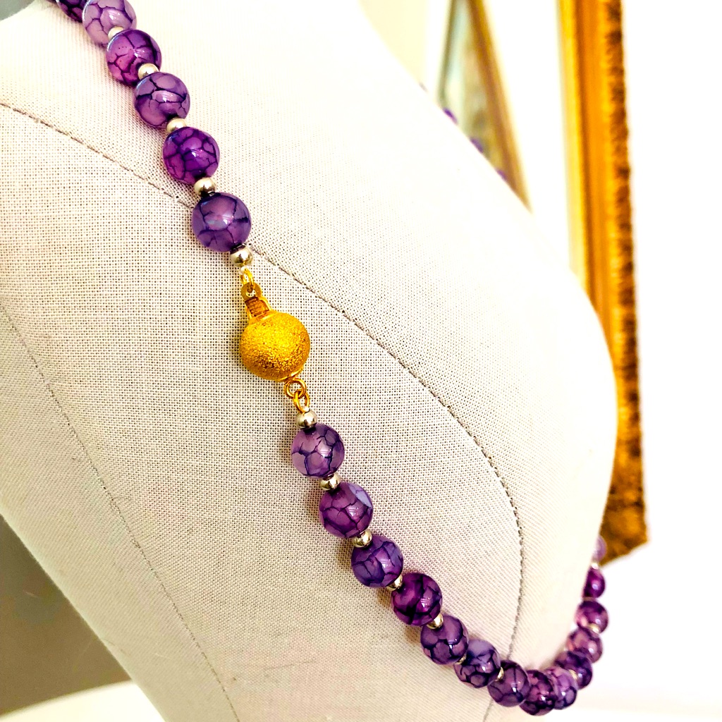 Vintage Amethyst Dragon Vein Glass Bead Necklace Rare!